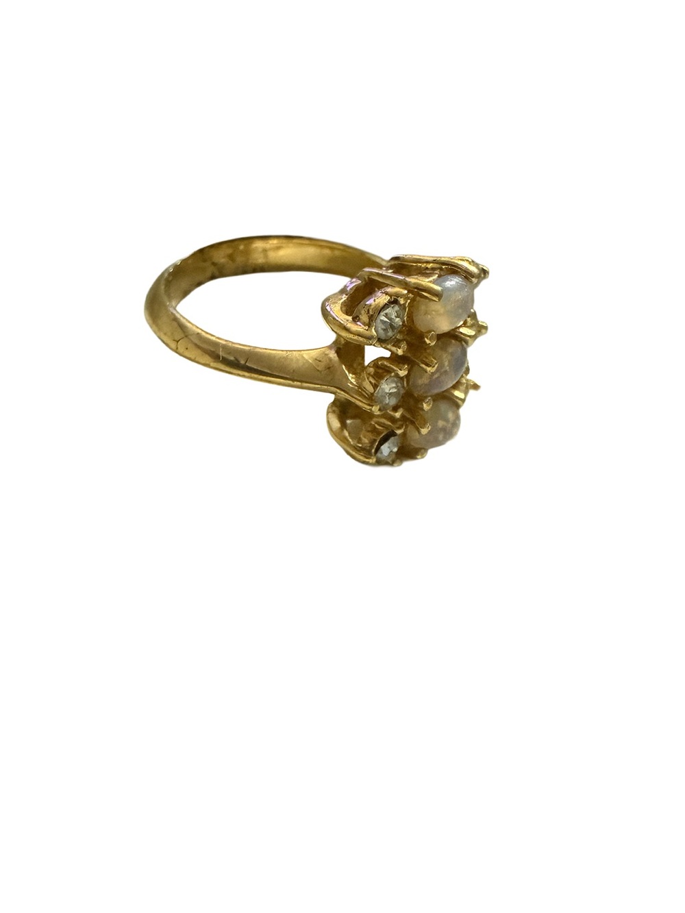 Vintage 1970s Avon Moon Glow Ring Faux Opal Rhinestone Gold-tone Sz 5